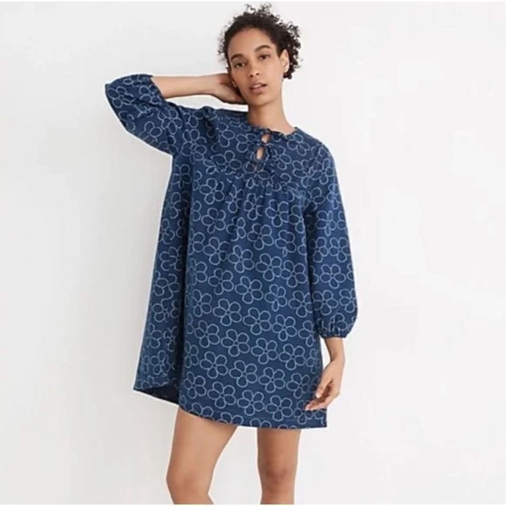 Madewell Quilted Tie-Front Bib Dress in Indigo Floral XS
